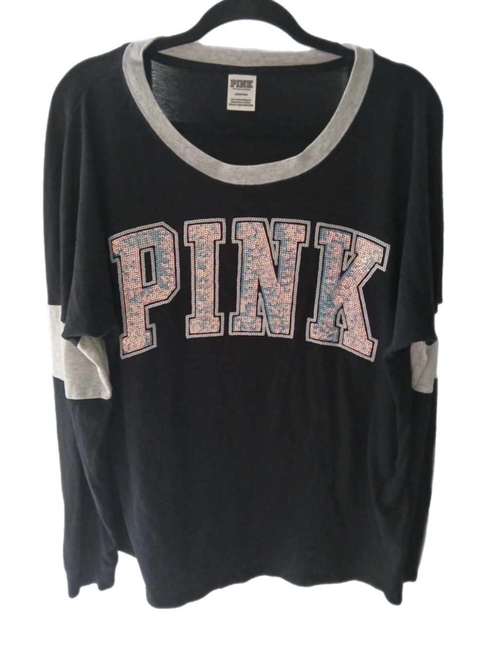 PINK Victoria's Secret Black Long Sleeve Tee with Gray Trim and Logo - Picture 1 of 3